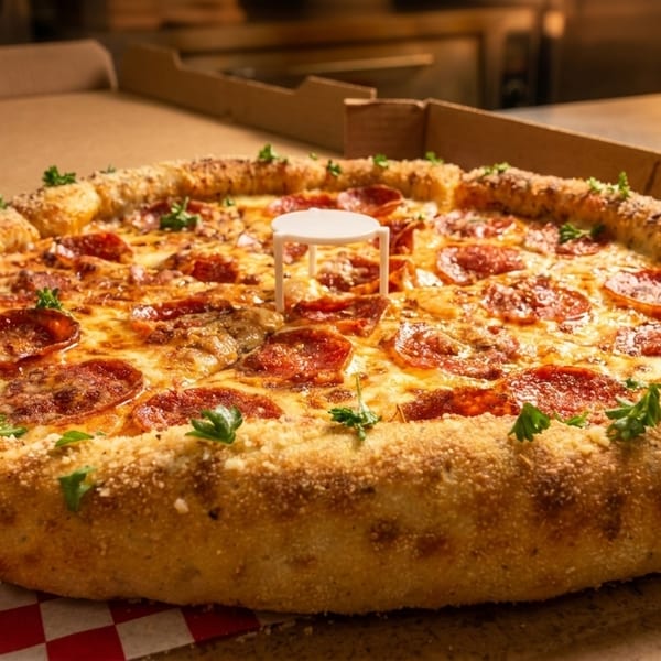 A large pepperoni pizza with a thick, cheesy crust, garnished with parsley, in a cardboard box.