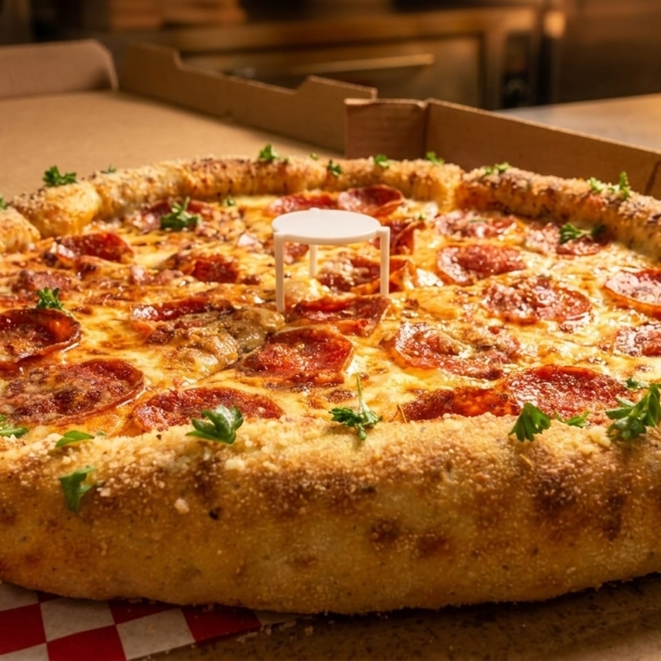 A large pepperoni pizza with a thick, cheesy crust, garnished with parsley, in a cardboard box.