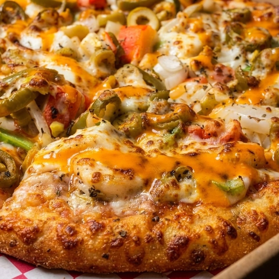 Close-up of a hot, cheesy pizza with green peppers, jalapeños, and onions in a cardboard box.