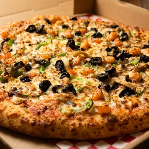 A whole pizza with black olives, green peppers, and orange toppings in a cardboard box.