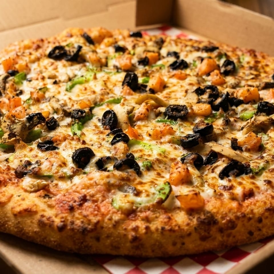 A whole pizza with black olives, green peppers, and orange toppings in a cardboard box.