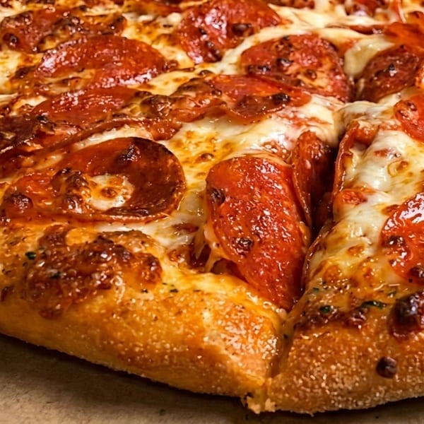 Close-up of a freshly baked pepperoni pizza with melted cheese and a golden crust.
