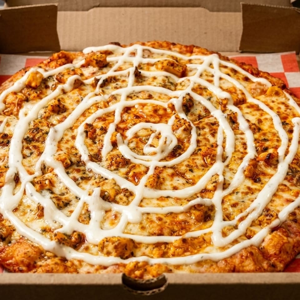 A buffalo chicken pizza with ranch dressing drizzled in a spiral pattern, in a pizza box.