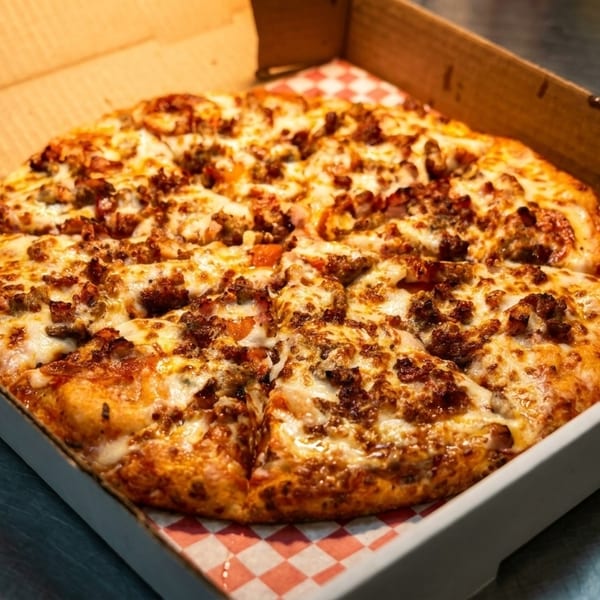 A whole pizza with meat toppings and melted cheese, sliced and in a delivery box.