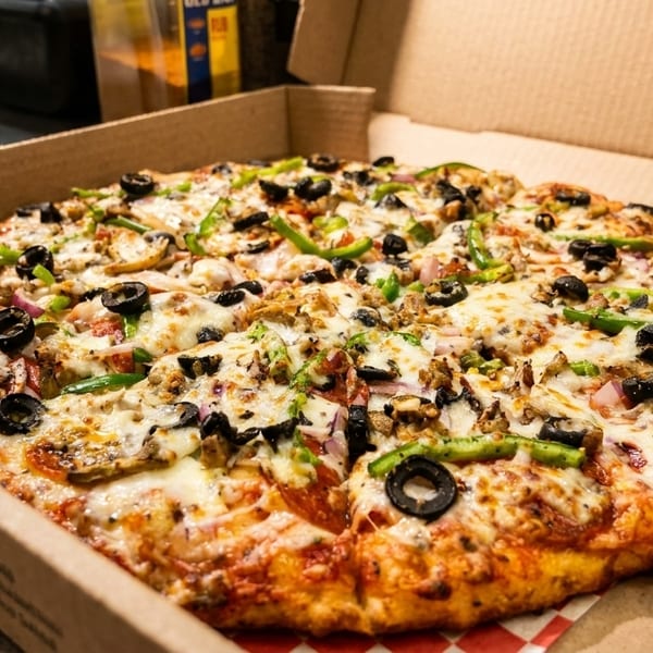A freshly baked pizza with various toppings, including olives, peppers, and pepperoni, in a cardboard box.