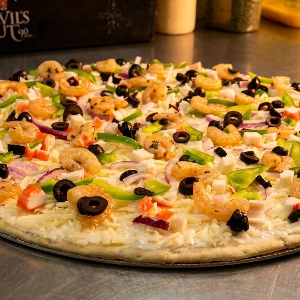 Uncooked pizza topped with shrimp, crab, black olives, green peppers, red onions, and cheese.