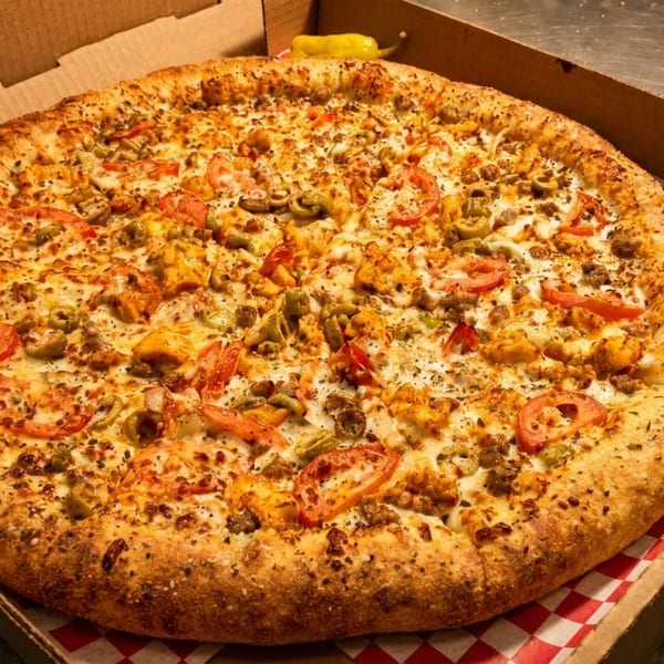 A large pizza with chicken, sausage, olives, and tomatoes in a cardboard box.